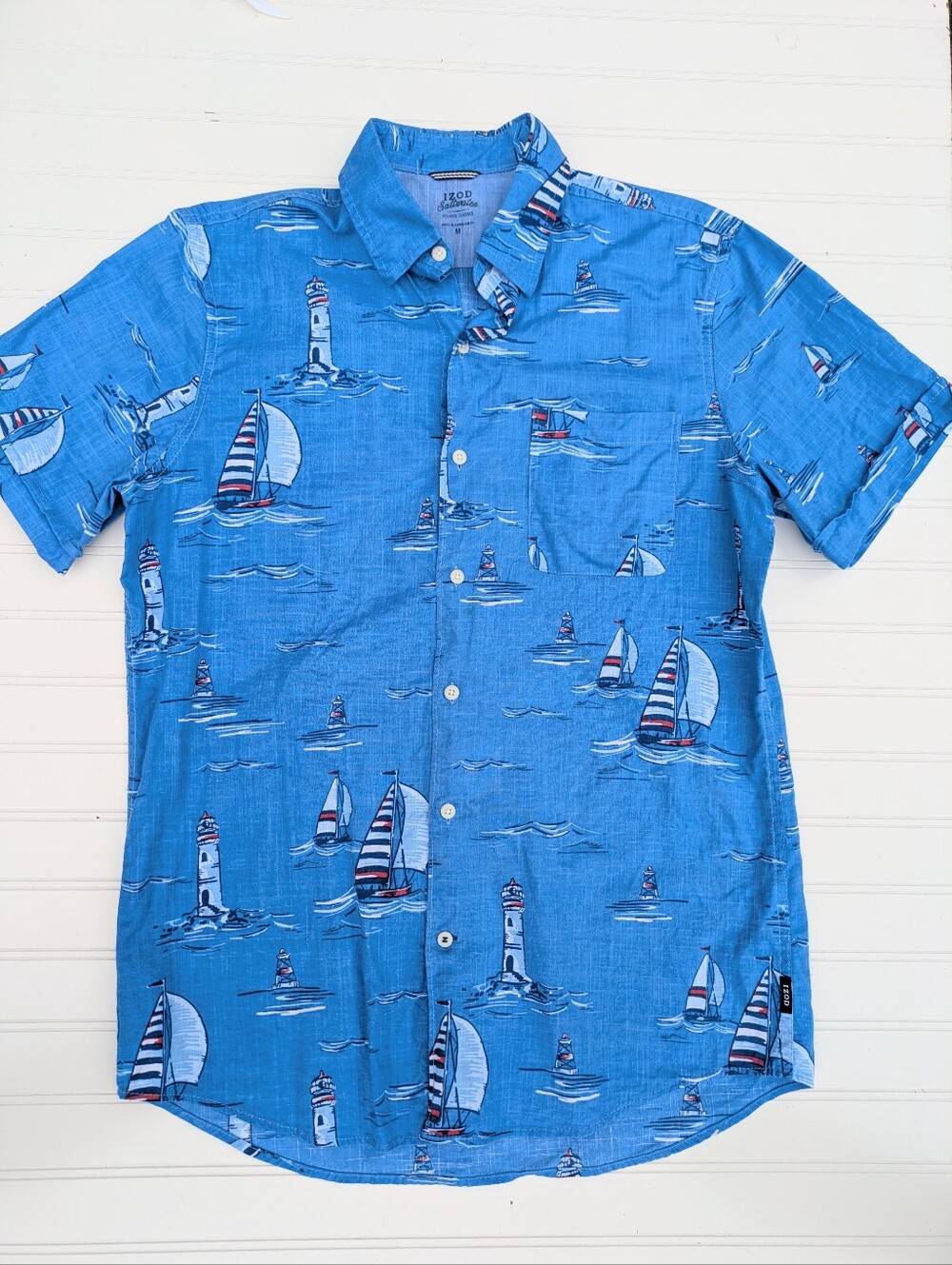 Izod Saltwater Linen Textured Sailboat Short Sleeves Button Down Shirt